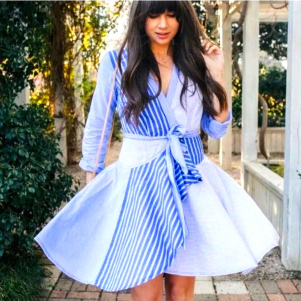 Anthropologie Maeve Newport Blue Striped Wrap Shirt Dress Women Size 8